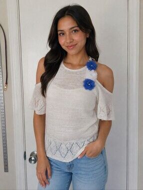 Flora Ashley Ivory Open-Shoulder Knit Sweater Top Size M